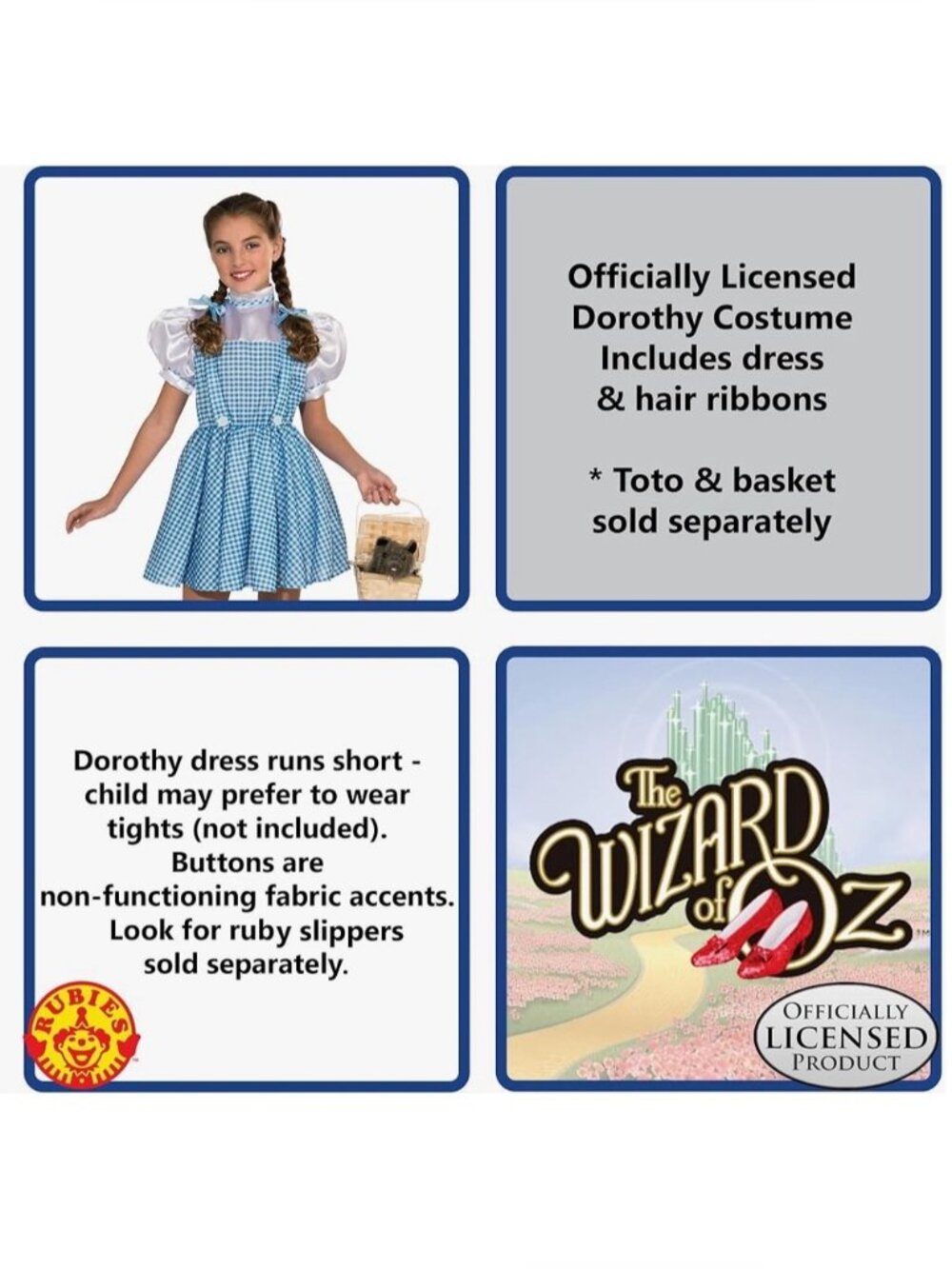 Wizard of Oz Dorothy Costume Dress Blue White Gingham Hair Bows Girls Medium 7-8 - Picture 4 of 16